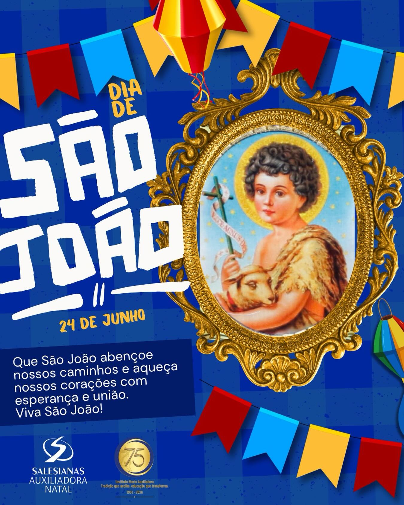 🌽🔥 Viva São João! 🔥🌽
Neste 24 de junho, celebramos São João, uma das festas mais queridas da nossa cultura, marcada pela fé, pela alegria e pelas tradições que unem famílias e comunidades.
Que o exemplo de São João Batista nos inspire a cultivar a esperança, a fraternidade e o amor ao próximo. Que não faltem motivos para agradecer, festejar e partilhar momentos especiais com quem amamos.
Feliz Dia de São João! 💙✨
#DiaDeSãoJoão #SãoJoão #InstitutoMariaAuxiliadora #Tradição #Fé CulturaNordestina