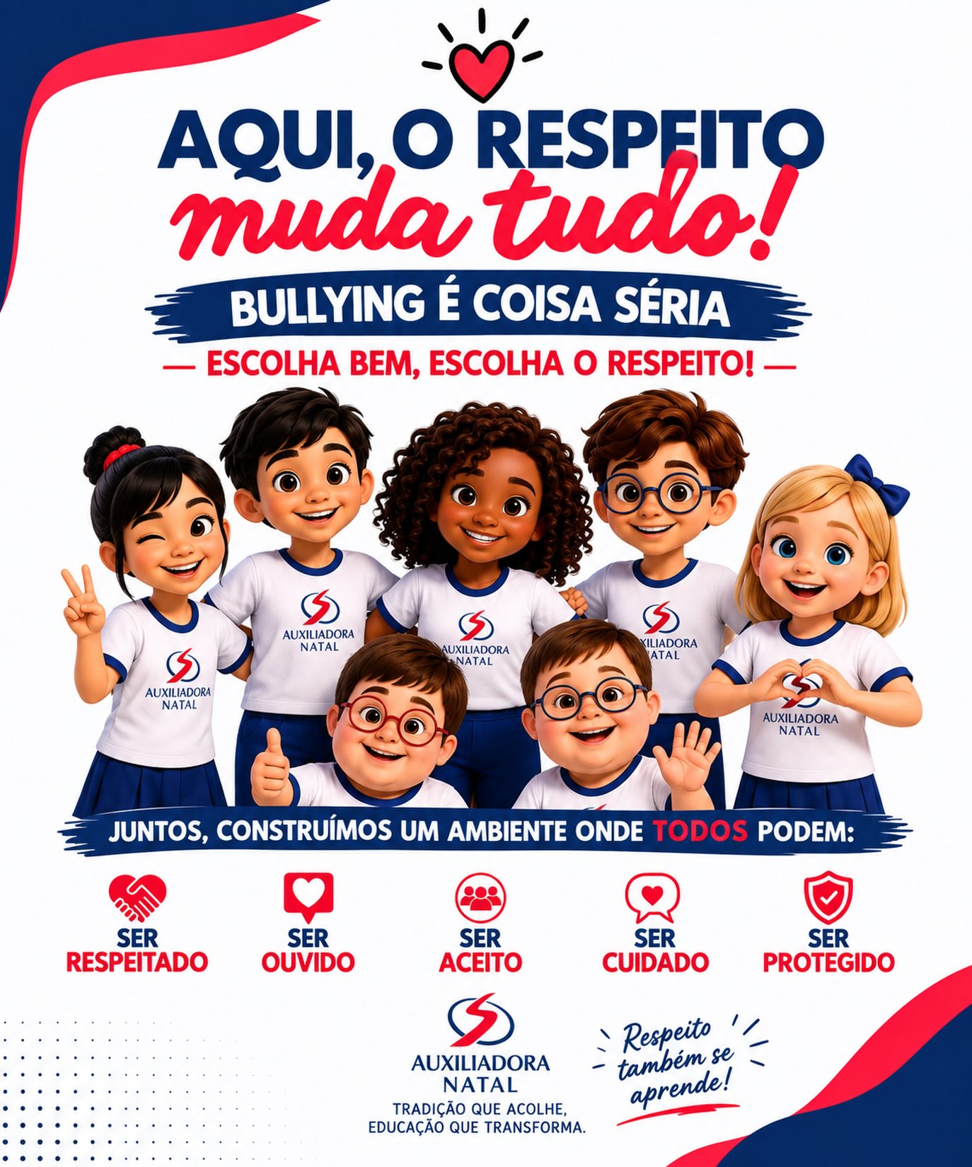 💙 Aqui, o respeito muda tudo!

No Instituto Maria Auxiliadora, acreditamos que construir um ambiente seguro e acolhedor é responsabilidade de todos. Por isso, reforçamos uma mensagem que precisa estar sempre presente: bullying é coisa séria!

Respeitar, ouvir, acolher, cuidar e proteger são atitudes que fazem a diferença. 🤝✨

Cada palavra, cada gesto e cada escolha podem transformar o dia de alguém. Juntos, podemos construir uma escola onde todos sejam respeitados, ouvidos, aceitos, cuidados e protegidos. 💙

🚫 Diga não à violência e ao bullying.
❤️ Escolha bem. Escolha o respeito!

#BullyingÉCoisaSéria #AquiORespeitoMudaTudo #DigaNãoAoBullying #Respeito #InstitutoMariaAuxiliadora AuxiliadoraNatal EducaçãoQueTransforma