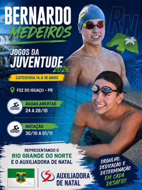 🏊♂️💙 ORGULHO QUE VAI LONGE!
O nosso aluno Bernardo Medeiros, do 9º ano, está pronto para representar o Rio Grande do Norte e o Auxiliadora de Natal nos Jogos da Juventude 2026, em Foz do Iguaçu (PR)!
Bernardo participará das provas de Águas Abertas e Natação, levando consigo muito mais do que talento: leva a força da dedicação, da disciplina e da determinação que fazem parte da sua trajetória.
#ORGULHODESERAUXILIADORA
#ESPORTEAUXILIADORA