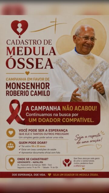 Às vezes uma vida inteira espera por um gesto 💙

Nosso querido diácono Ademacy deixou uma mensagem cheia de fé e esperança para pedir a você que abrace a campanha em favor do Monsenhor Roberio Camilo, que precisa de um transplante de medula óssea e segue esperando por um doador compatível. Por trás de cada cadastro existe uma família que reza, uma história que quer continuar sendo escrita e um coração que ainda acredita que a solidariedade pode acontecer bem pertinho da gente.

Se você tem entre 18 e 35 anos e está em boas condições de saúde, pode ser a resposta de uma oração 🙏 Basta ir ao Hemonorte, na Av. Alexandrino de Alencar, 1800, no Tirol, de segunda a sexta das 7h às 17h ou aos sábados das 7h às 12h, levando um documento oficial com foto. E se você não puder doar, compartilhe este vídeo, porque ele pode chegar às mãos de quem pode. 

Que Deus abençoe cada gesto de amor e solidariedade, e que juntos possamos fazer a diferença. Doe esperança. Doe vida. 💙