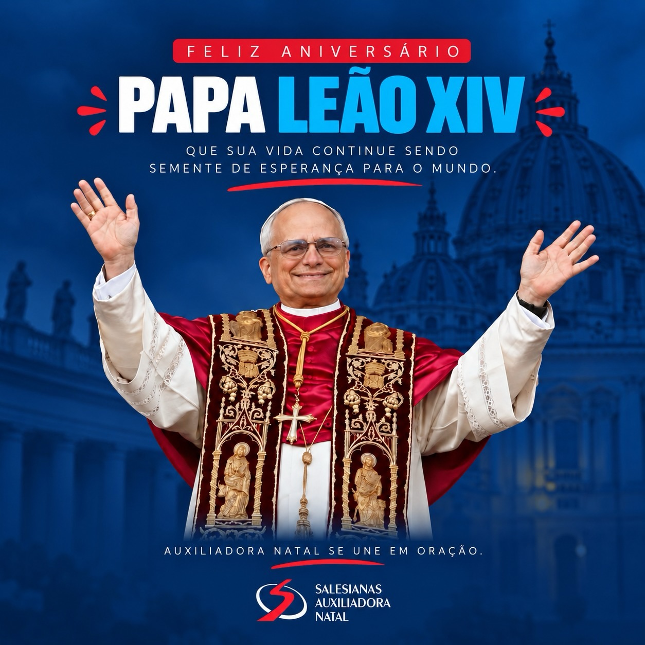 Hoje é dia de celebrar!
O Papa Leão XIV completa 71 anos de vida. Na mesma data em que a Igreja celebra a Exaltação da Santa Cruz, nos unimos em oração de gratidão por seu ministério e por seu chamado à fé, ao diálogo e à caridade, valores que também guiam a formação salesiana aqui no Auxiliadora.
Feliz aniversário, Santo Padre! 🕊️