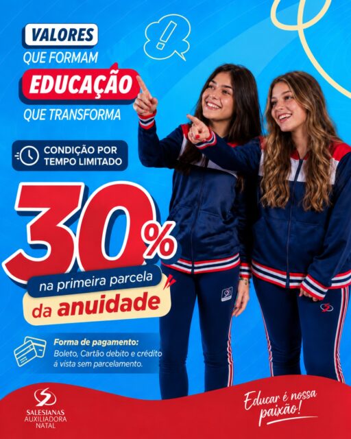 Seu lugar em 2027 começa agora! 💙 Por tempo limitado, veteranos e novos alunos garantem 30% de desconto na matrícula, correspondente à primeira mensalidade de 2027.

Agende uma visita, conheça nossa proposta pedagógica e venha fazer parte de uma educação salesiana que acolhe, inspira e prepara para o futuro.

📲 Entre em contato e consulte as condições.